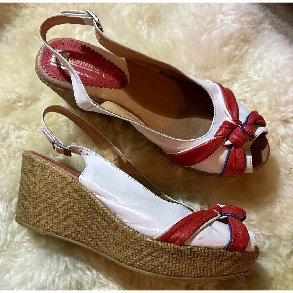 Florentine Peep Toe Bow Wedge‎ Espadrille Sandals, Size 10.5
